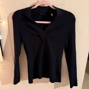 Elie Tahari Black Ribbed Knit Wrap V-Neck Long Sleeve Top Size Small